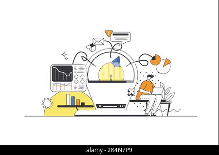 Financial management web concept in flat outline design with characters. Man counting money and analyzing budget, studying statistics, making Stock Vector