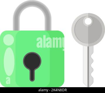 Green lock and key, illustration, vector on a white background. Stock Vector