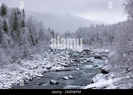 river in winter, with forest and mountain in background Stock Photo