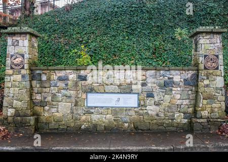 Commemorates the relocation of the school grounds in Greenville, Stock Photo