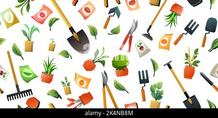 Agricultural rural garden tool. Seamless pattern. Isolated on white background. Fruit branches and leaves. Shovels rakes and hoes. Packets of Stock Vector