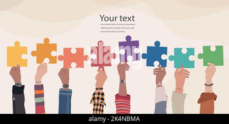 Problem solving concept. Raised hand up of multicultural business women and business men holding a jigsaw puzzle piece. Metaphor. Strategy concept. Stock Vector