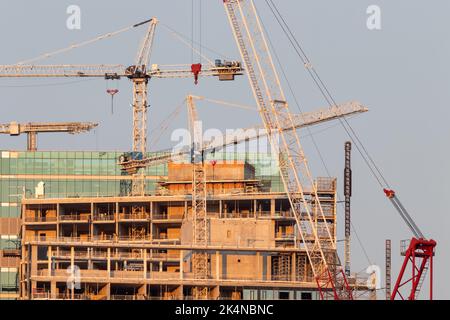 Numerous construction cranes are seen while building condos and office buildings in downtown Toronto during golden hour. Stock Photo
