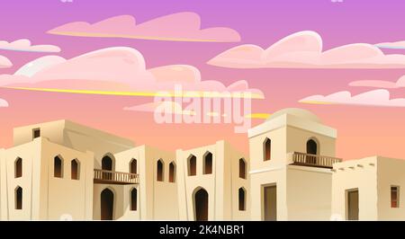 Arab clay hut. Morning dawn. Middle Eastern adobe dwelling. Africa and Asia traditional house. Vector. Stock Vector