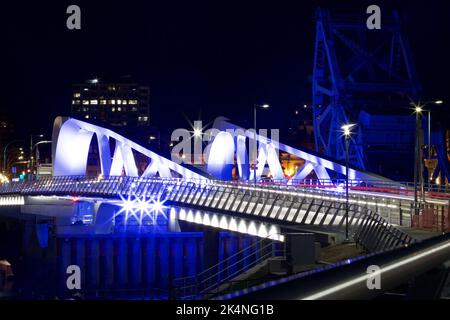 A beautiful view of the Johnson Street Bridge at night in Victoria, Canada. Stock Photo