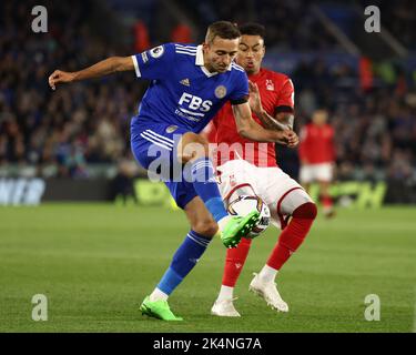 Leicester, England, 3rd October 2022. Timothy Castagne of Leicester City and Jesse Lingard of Nottingham Forest  during the Premier League match at the King Power Stadium, Leicester. Picture credit should read: Darren Staples / Sportimage Stock Photo