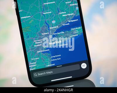 Galati, Romania - October, 03 2022: Apple Maps with New York on an iPhone 14 Pro. Apple Maps is a service that provides information about geographical Stock Photo