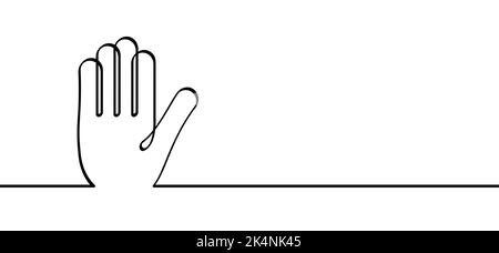 Cartoon line drawing hands of stop hand gesture. Continuous line pictogram. Hand palm icon or symbol. Flat vector sign. Stock Photo