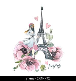 Eiffel Tower with a Parisian girl, anemone flowers and eucalyptus twigs. Watercolor illustration in sketch style with graphic elements. Composition Stock Photo