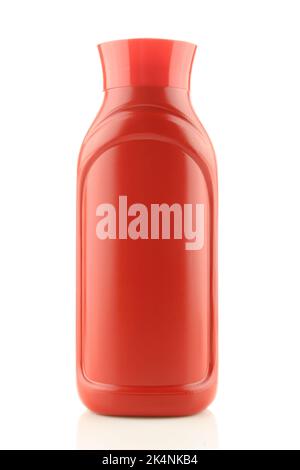 Blank label tomato ketchup glass bottle upside down on white background ...