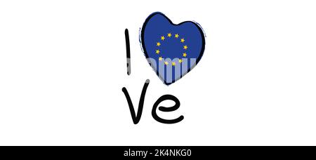 Slogan i love europe with with the Colors of eu flag. Italian slogans. Love, heart romance icons. Funny vector best quotes signs for banner or card. H Stock Photo