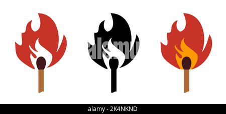 Matchstick, lucifer sign. Smoking, fire or flame logo. Burning matches icon. Matches pictogram. Match lighted icon. Funny flat vector cartoon. Red, or Stock Photo