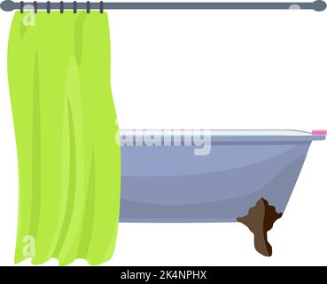 Bathtub with green curtain, illustration, vector on a white background. Stock Vector