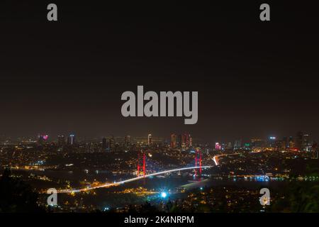 Istanbul view and night skyline.Bosphorus Bridge and Istanbul strait from Camlica Hill. Stock Photo