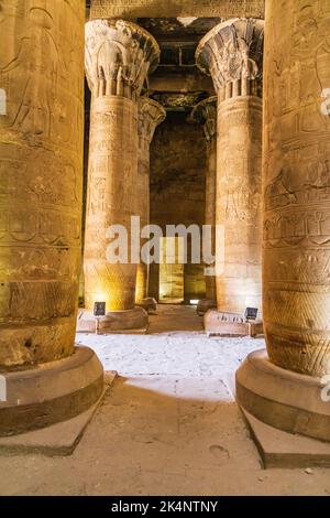 Edfu, Aswan, Egypt. February 25, 2022. Columns in the Temple of Horus at Edfu. Stock Photo