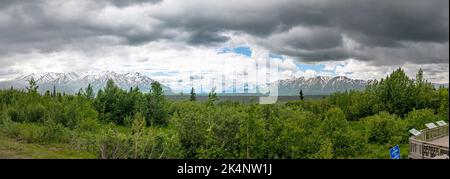 Panorama view west of Alsek Range; Chilkat Pass; Tatshenshini Alsek Provincial Park from the Haines Highway; British Columbia; Canada Stock Photo
