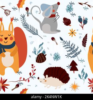 Seamless patterns with with a cute mouse in a scarf, funny squirrel, hedgehog, bright flowers, colored leaves. Magical winter. Vector illustration. Stock Vector