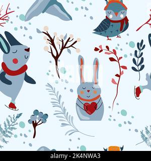 Seamless patterns with with a cute rabbit in a scarf, funny owl, rabbit holding a heart, bright flowers, colored leaves. Magical winter. Vector illustration. Stock Vector