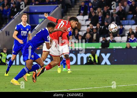 Morgan Gibbs-White #10 of Nottingham Forest heads on goal during the Premier League match Leicester City vs Nottingham Forest at King Power Stadium, Leicester, United Kingdom, 3rd October 2022 (Photo by Mark Cosgrove/News Images) in, on 10/3/2022. (Photo by Mark Cosgrove/News Images/Sipa USA) Credit: Sipa USA/Alamy Live News Stock Photo