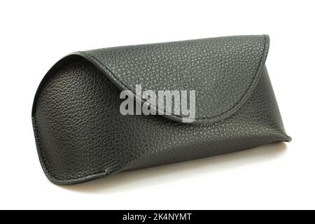 Closed black leather sunglasses case isolated on white background. Eyeglass container Stock Photo