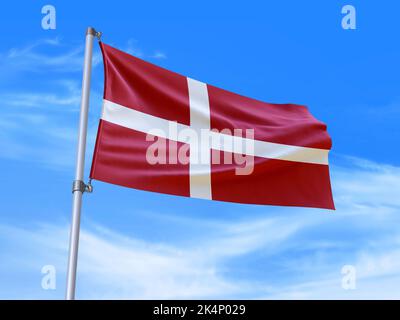 Beautiful Denmark flag waving in the wind with sky background - 3D illustration - 3D render Stock Photo