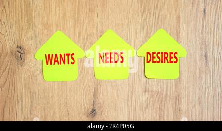 Wants needs and desires symbol. Concept words Wants Needs Desires on papers on wooden clothespins. Beautiful wooden background. Business, psychologica Stock Photo