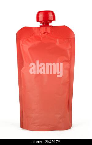 Red puree drink pouch bag mockup isolated on white background Stock Photo