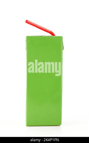 Green carton box with red plastic straw. Rectangular paper juice pack Stock Photo