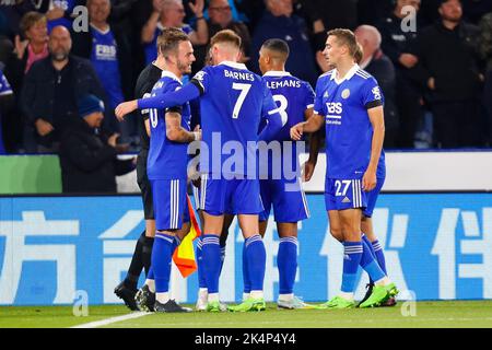 Leicester City players celebrate their fourth goal during the Leicester ...