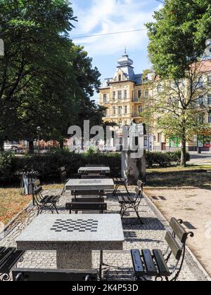 Szczecin, Poland - August 13, 2018: stone tables with inlaid chessboard Stock Photo