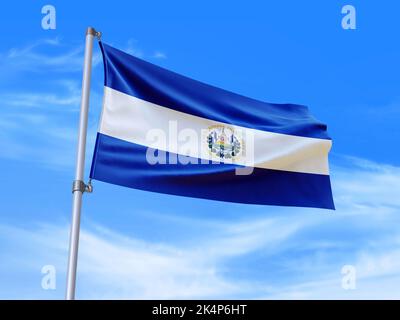 Beautiful El Salvador flag waving in the wind with sky background - 3D illustration - 3D render Stock Photo