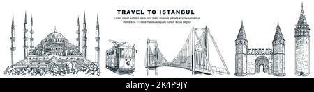 Travel to Istanbul hand drawn landmarks design elements. Vector sketch illustration of Blue Mosque, Galata Tower, tram, Topkapi Palace and bridge. Fam Stock Vector