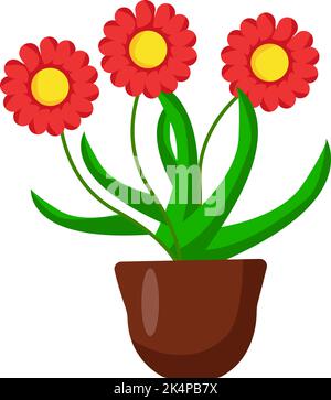 Red flowers in brown pot, illustration, vector on a white background. Stock Vector