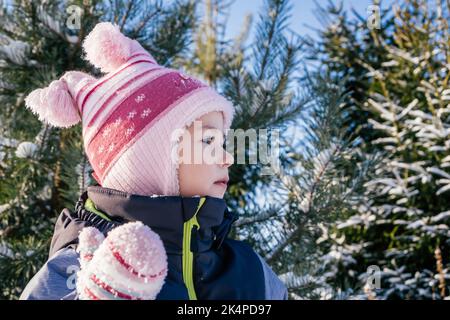 Little girl 3-4 years old in winter clothes overalls, hat and mittens, stands outdoors against snow-covered pines and fir trees and looks away Stock Photo
