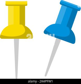Blue and yellow pin, illustration, vector on a white background. Stock Vector