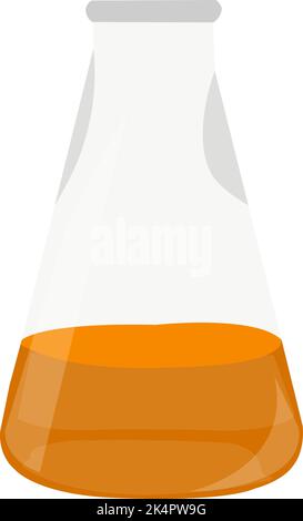 Orange liquid in glass flask, illustration, vector on a white background. Stock Vector