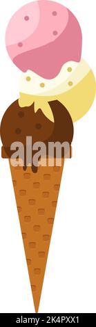 Three scoops of ice cream in cone, illustration, vector on a white background. Stock Vector