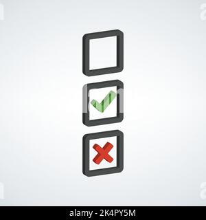 3d Tick and cross bullet box set signs.Tick icons big set. A check mark stickers.Validation agree buttons. Stock vector illustration isolated on white Stock Vector