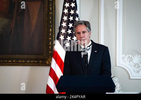 United States Secretary Antony Blinken speaks during the official visit of United States secretary of state, Antony Blinken to Colombia, ahead to the OAS general assembly later on Lima, Peru. In Bogota, Colombia, October 3, 2022. Stock Photo