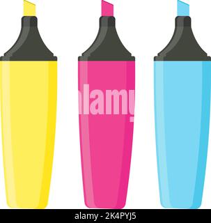 Three colored highlighters, illustration, vector on a white background. Stock Vector