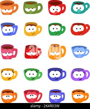 Colorful cups and mugs, illustration, vector on a white background. Stock Vector