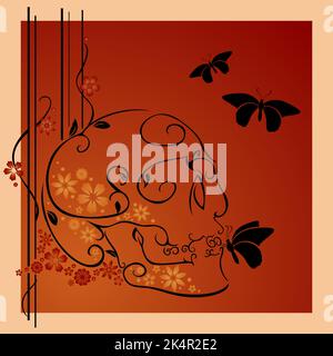 A spooky floral skull garden with butterflies Stock Vector