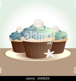 A trio of ocean themed cupcakes with seashells on top Stock Vector