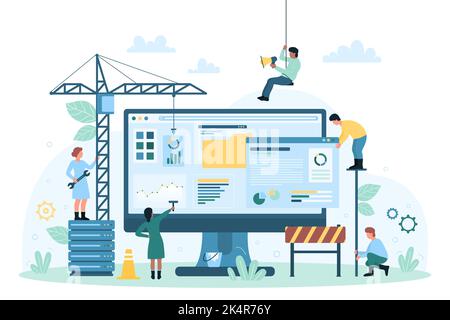 Website under construction vector illustration. Cartoon tiny people build and update structure of site with construction crane, builders work and create content with digital editor and equipment Stock Vector