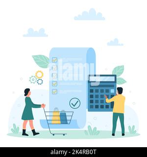 Payment bill and financial documents vector illustration. Cartoon tiny people holding supermarket cart and calculator to check paper fiscal receipt, pay for purchases on approved invoice in shop Stock Vector