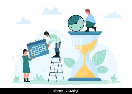 Time management and business plan organization vector illustration. Cartoon tiny people organize and control tasks, meetings and projects with marks on schedule calendar, hourglass and alarm clock Stock Vector