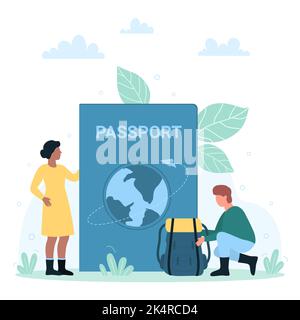 Travel around world with foreign passport and visas vector illustration. Cartoon tiny people holding baggage, standing near big passport, travelers identification of nationality and citizenship Stock Vector