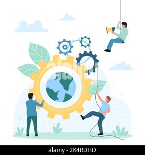 Global business communication, cooperation vector illustration. Cartoon tiny people moving mechanism with cogwheels, gears and globe inside, integrate modern technology in company organization Stock Vector