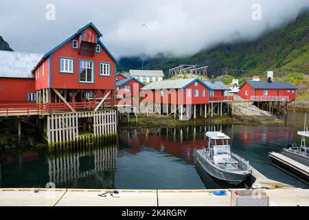 Fishing village with traditional red rorbu in A, Lofoten, Norway Stock Photo