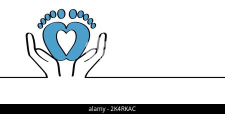 Cartoon, comic safe and foot print in hand concept. Line pattern.  Welcome, little boy. New born, pregnant or coming soon Blue footprints with Love he Stock Photo